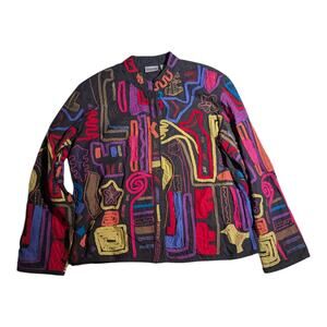 Vtg 1990s Chico's Black Colorful Abstract Geometric Embroidered Jacket 1 M